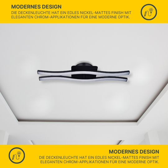 MeLiTec LED Wand- und Deckenleuchte D136, 2-flammig, schwarz, wellenförmige Leuchtstäbe, 1000 lm, 3000 K