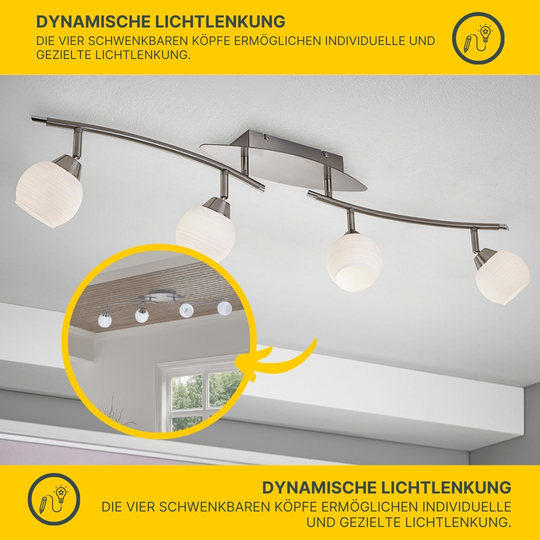 LED Deckenleuchte D123 | 4x LED Spots schwenkbar | nickel-matt | Glas weiß gestreift | warmweiß 3000K | MeLiTec LED Deckenleuchte D123 | 4x LED Spots schwenkbar | nickel-matt | Glas weiß gestreift | warmweiß 3000K | MeLiTec