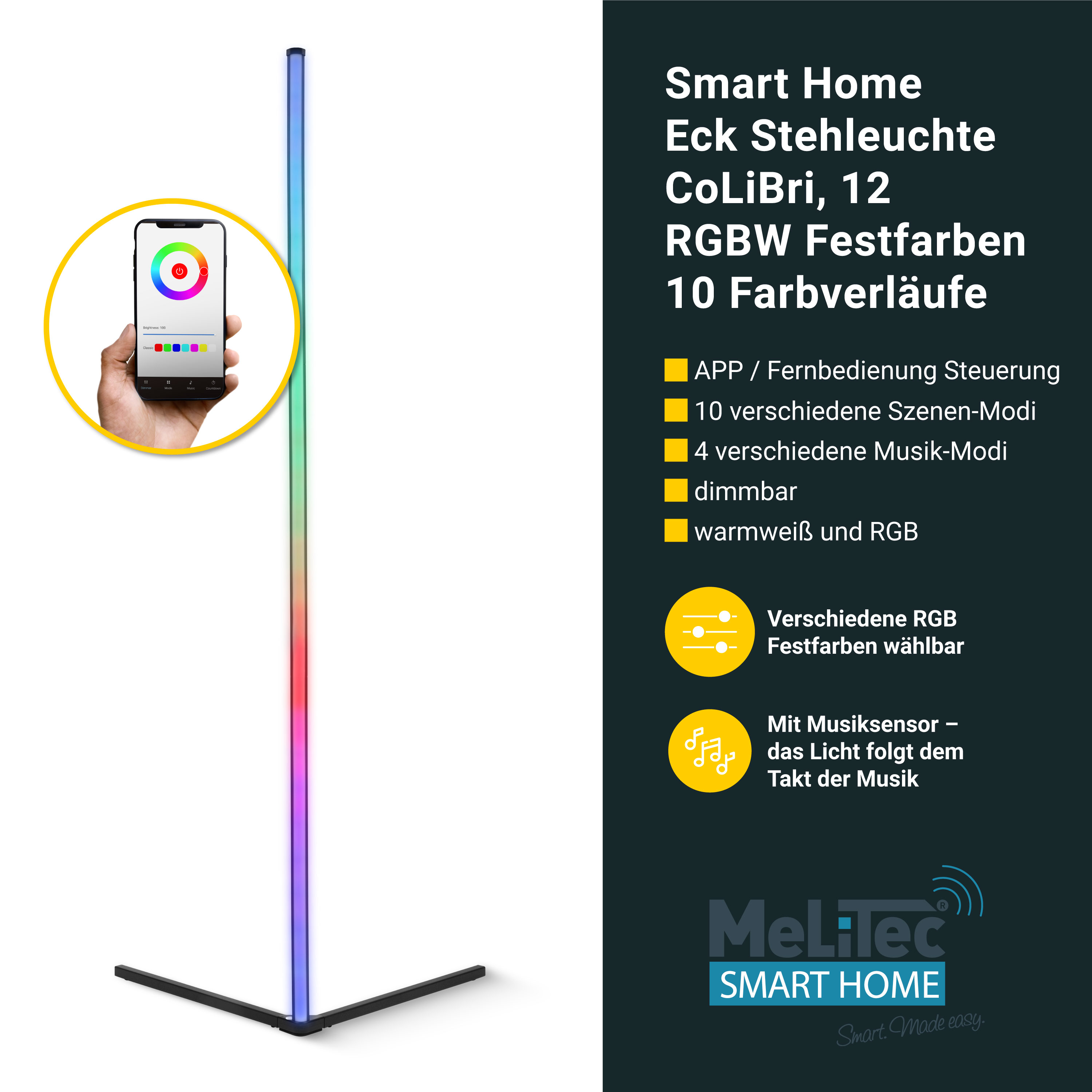 MeLitec Smart Home Eck Stehleuchte CoLiBri, 12 RGBW Festfarben 10 Farbverläufe MeLitec Smart Home Eck Stehleuchte CoLiBri, 12 RGBW Festfarben 10 Farbverläufe