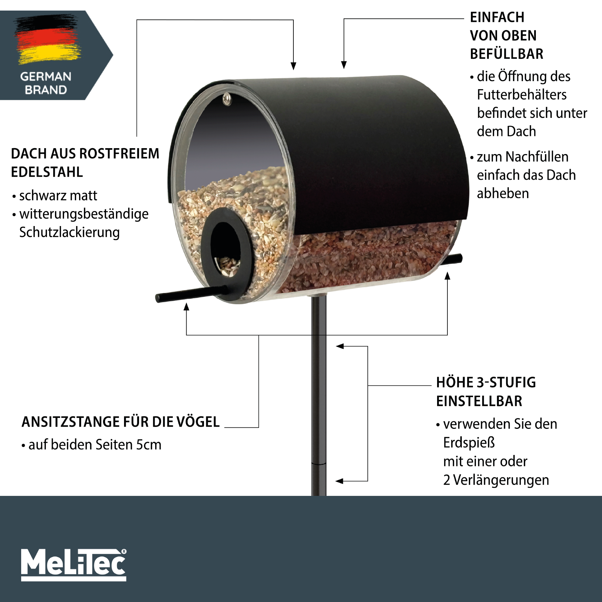 MeLiTec Vogelfutterstation mit Ständer, Vogelhaus VH10-1, Futterstation aus Edelstahl, stehend, 150 cm Höhe, rund Ø14 cm, schwarz matt