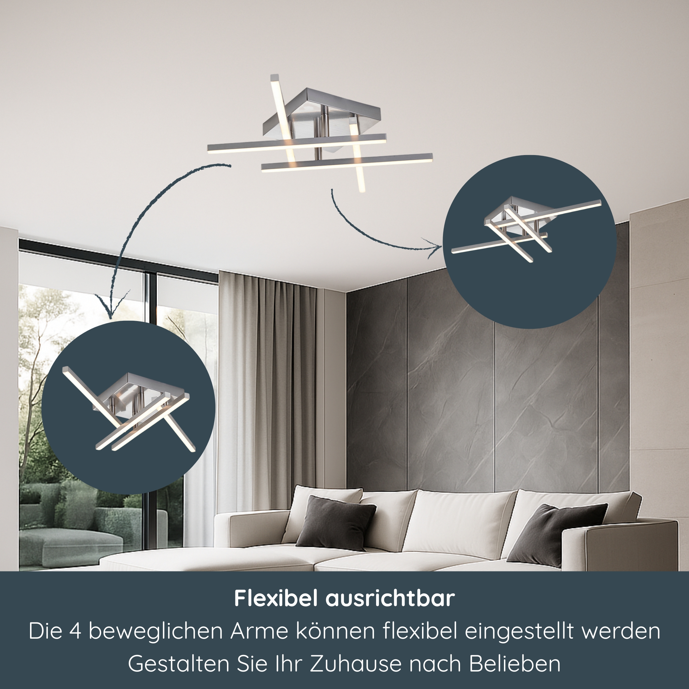 LED Deckenleuchte D121 | 4 schwenkbare Arme | nickel-matt | warmweiß 3000K | MeLiTec LED Deckenleuchte D121 | 4 schwenkbare Arme | nickel-matt | warmweiß 3000K | MeLiTec