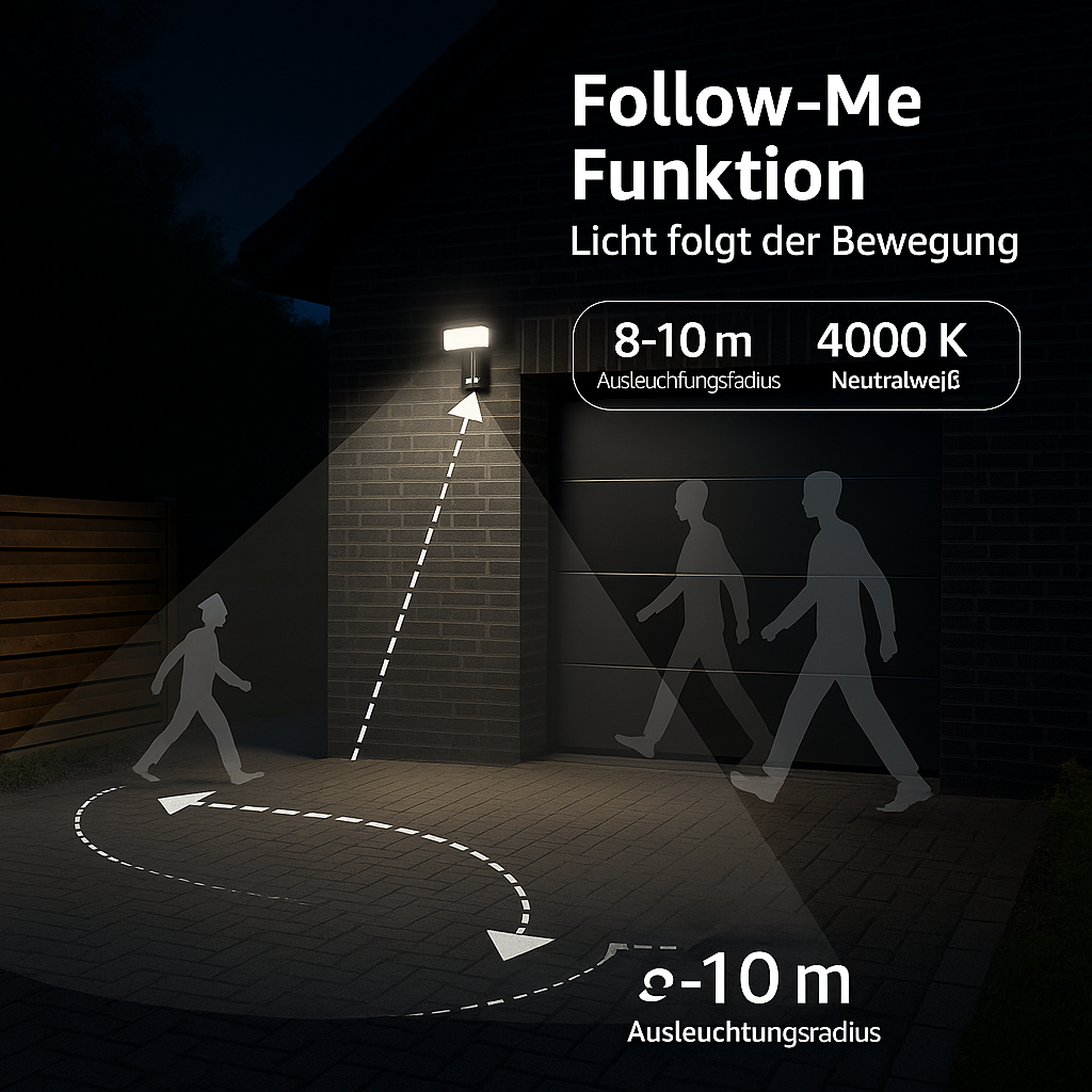 MeLiTec Robotik LED Außenwandleuchte mit Bewegungsmelder & Follow Me Nachverfolgung, 1400lm, 4000K Neutralweiß, 4 Modi Beleuchtung, Person, Gehen, Erwachsener, Mann,