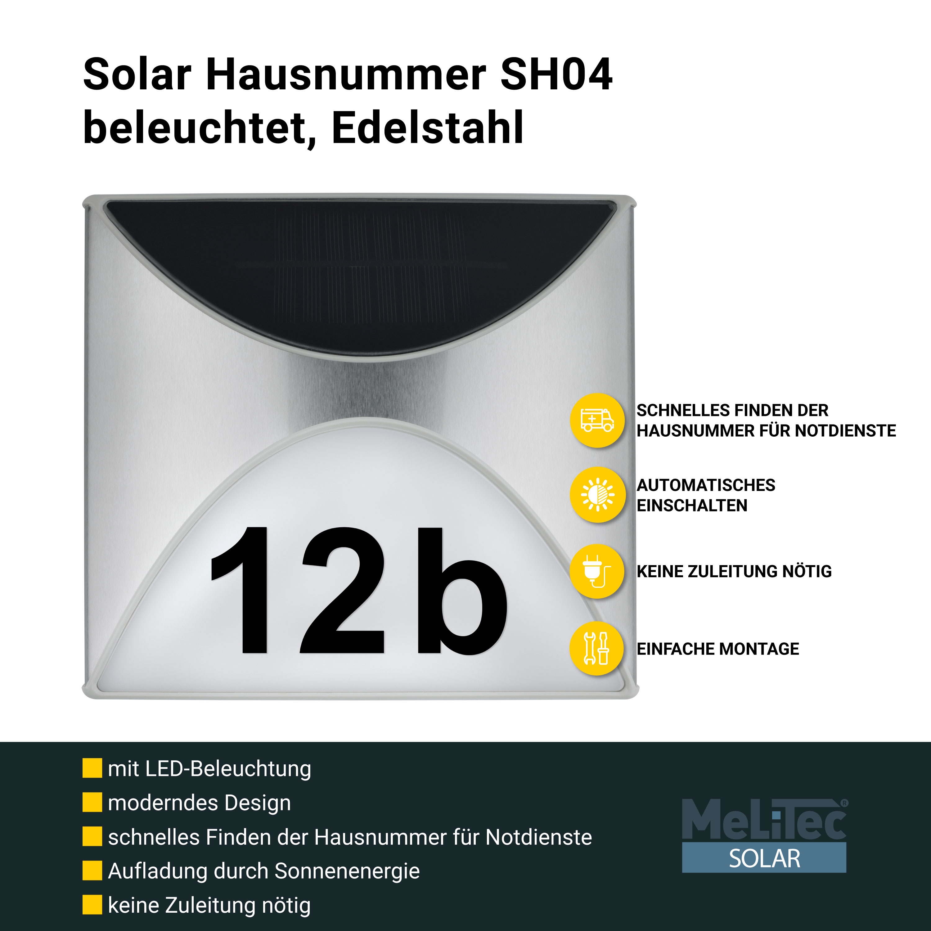 MeLiTec Solar Hausnummer SH04 beleuchtet, Edelstahl Computerausrüstung, Bildschirm, Werbung, Überwachen, Plakat,