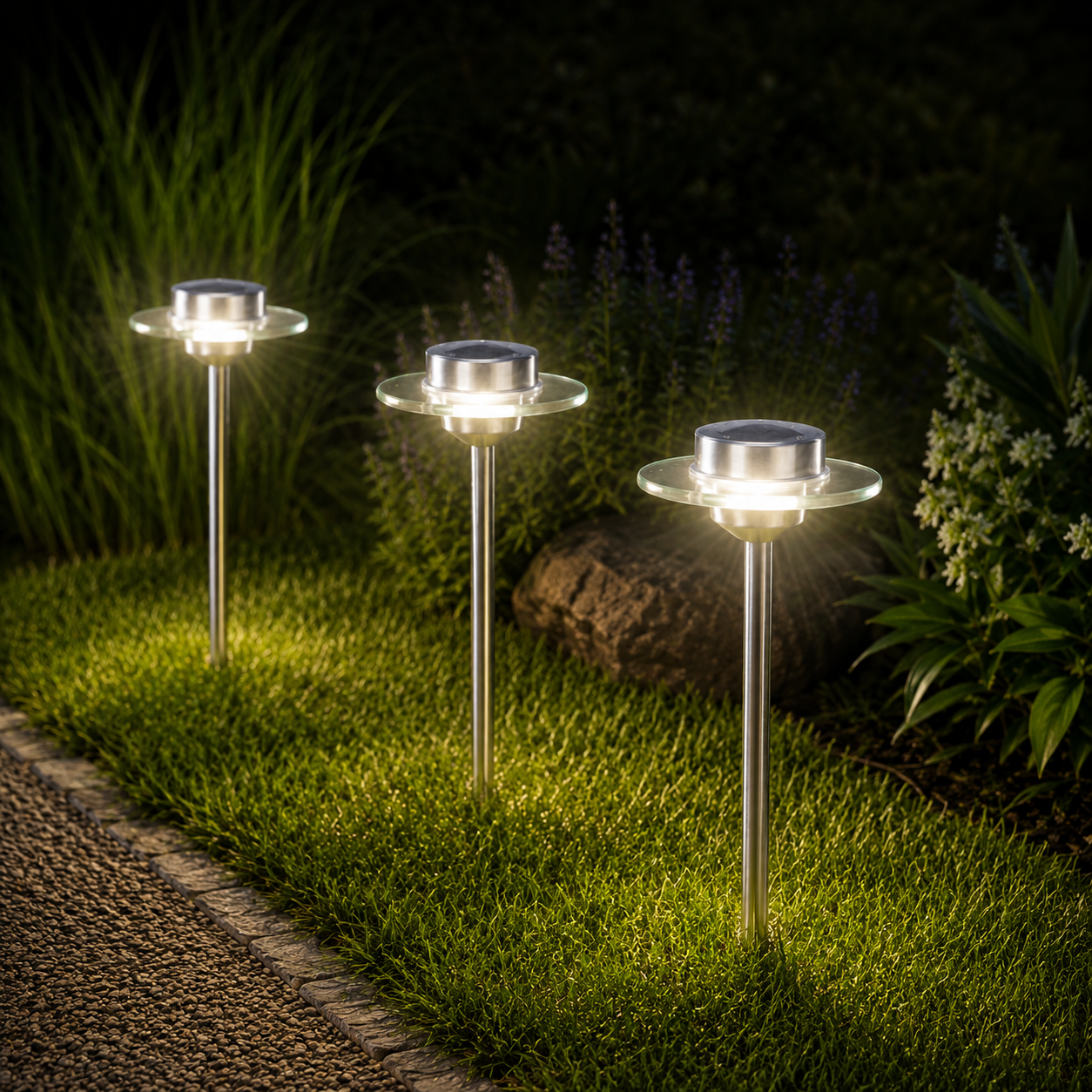 3er Set MeLiTec Solar LED Gartenleuchte SO13 Saturn Edelstahl