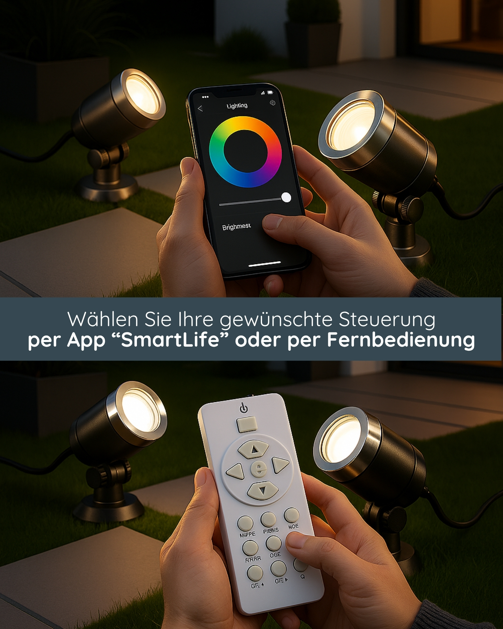 MeLiTec LED-Gartenstrahler im 2er-Set, Smart Home Gartenlampe, RGB, Steuerung per App oder Fernbedienung, anthrazit, GL24 Beleuchtung, Elektronik, Handy, Telefon, Leicht,