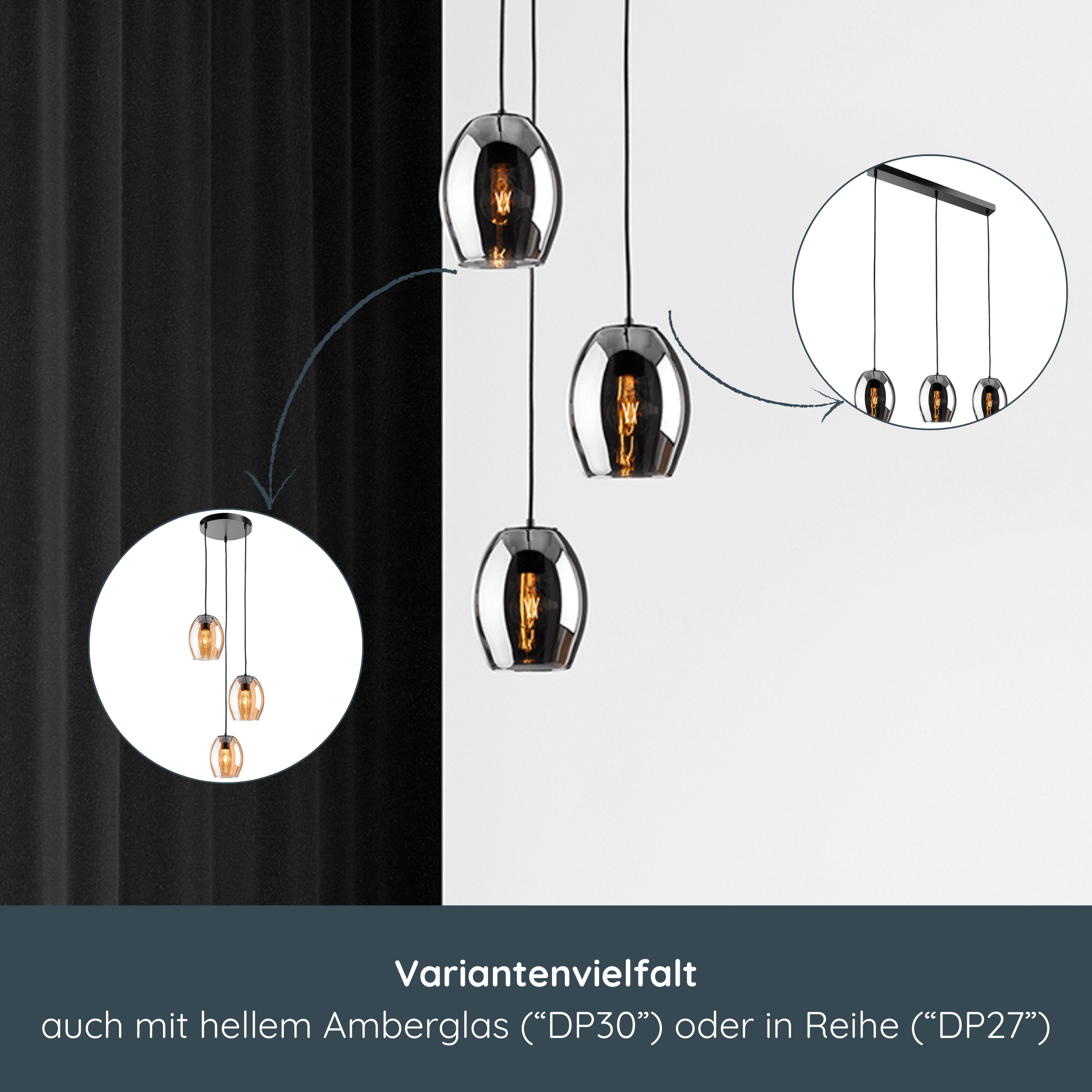 MeLiTec Pendelleuchte DP29, Hängeleuchte elegantes Rauchglas, moderne Pendellampe 3-flammig, Hängelampe rund, Deckenlampe Wohnzimmer Esszimmer Küche Leuchter, Lampe, Leuchte,