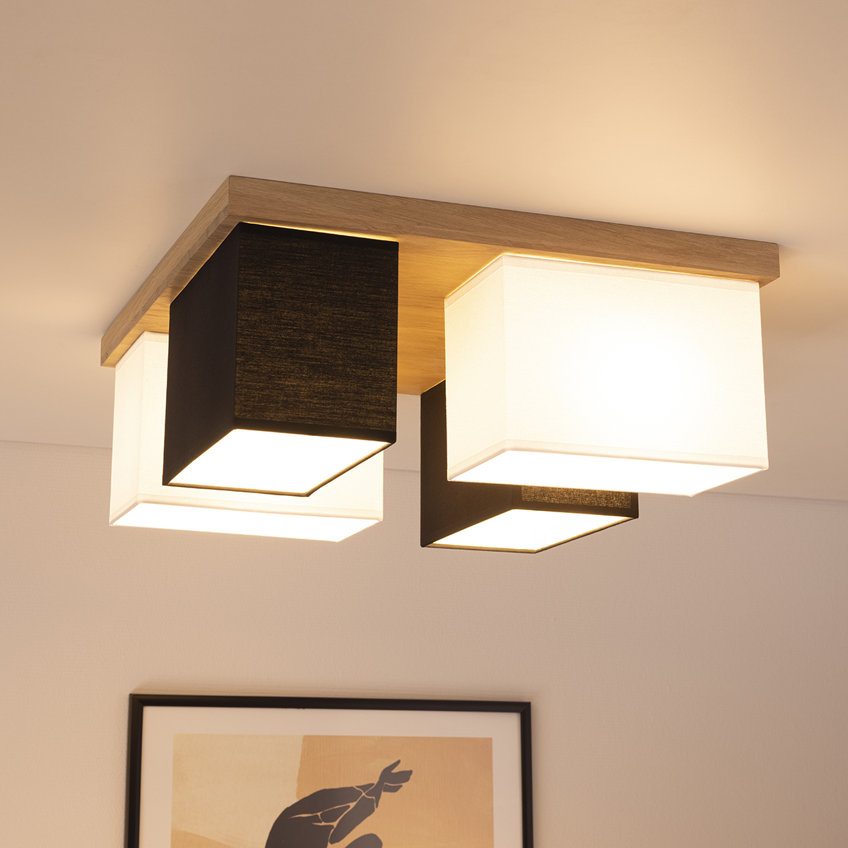 MeLiTec Deckenleuchte Paloma D129, moderne Deckenlampe, Echtholz aus der EU, Eiche, creme/weiß und schwarz Deckenleuchte, Leuchte, Lampe,