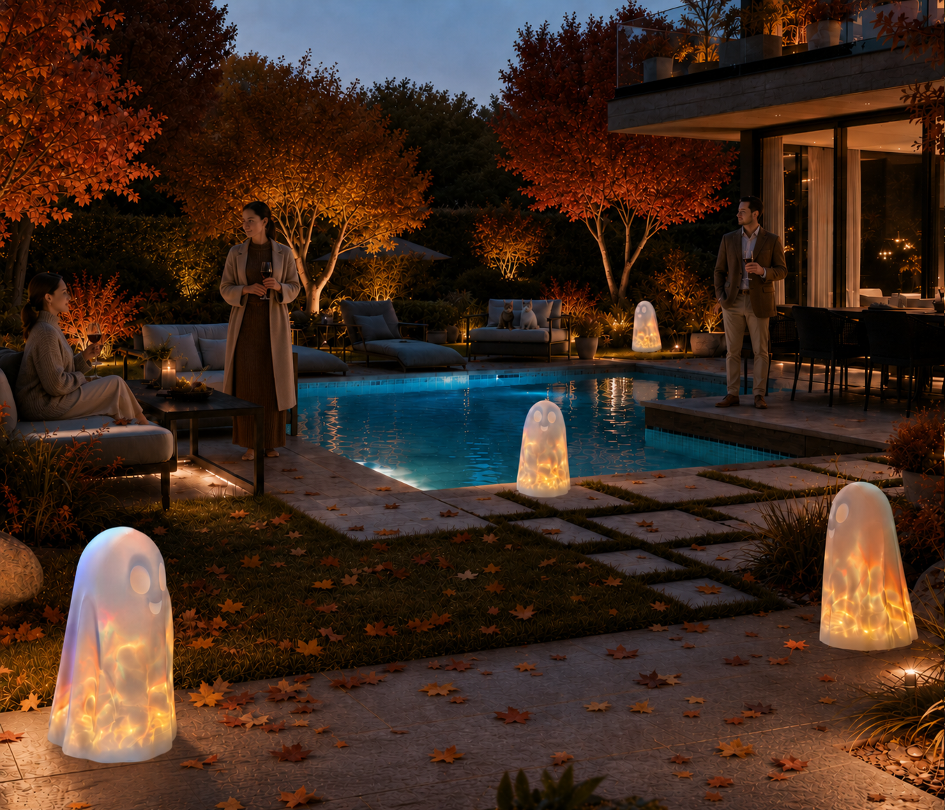 MeLiTec LED Geist Aurora – Halloween Dekoleuchte mit bewegtem RGBW-Lichteffekt, Solar & Fernbedienung
