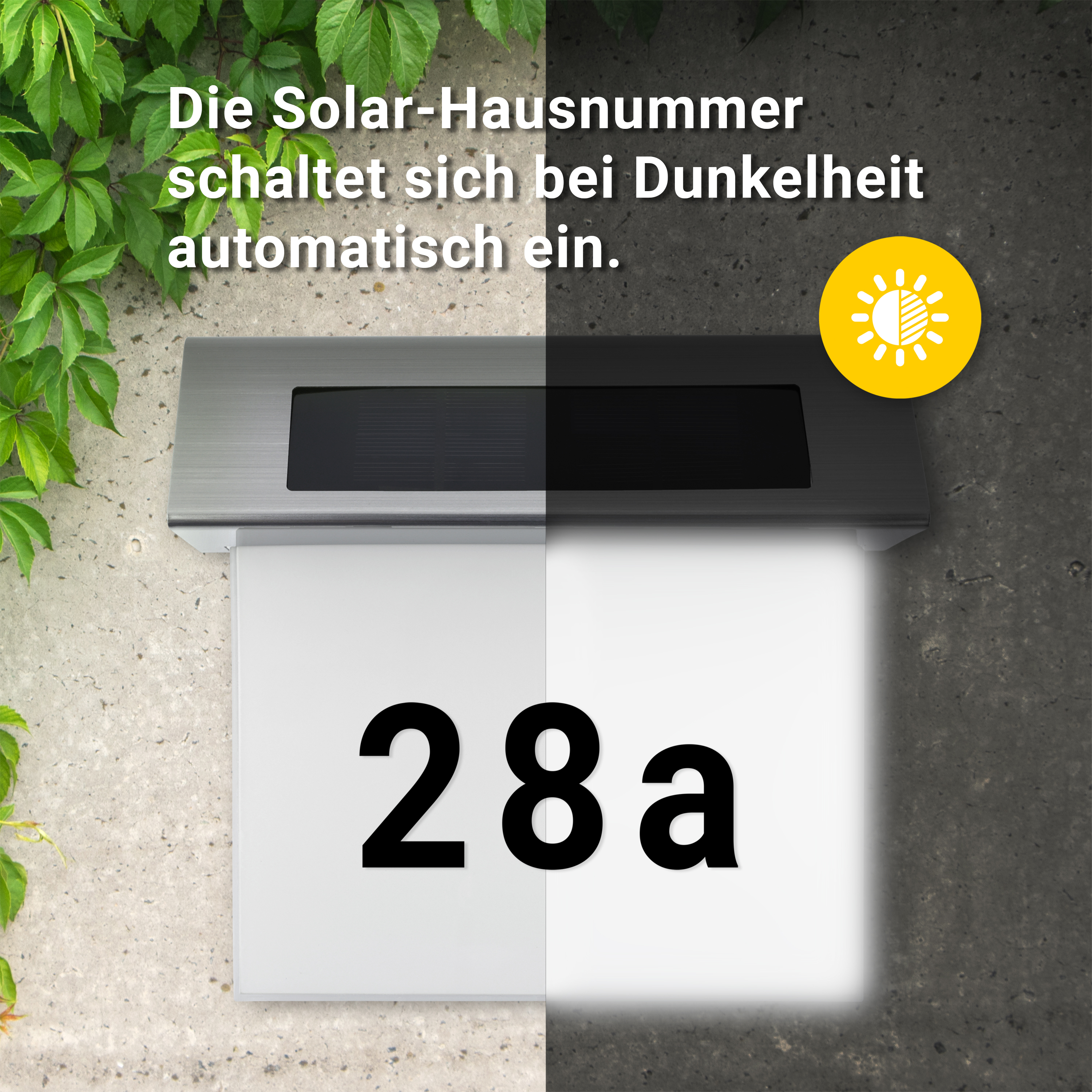 MeLiTec LED Solar Hausnummer SH01 Dämmerungssensor Text, Postfach, Nummer, Symbol,