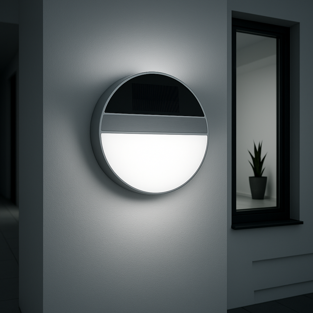 MeLiTec LED-Solar-Wandleuchte SWL06, aus Edelstahl, Wandlampe solarbetrieben, Außenwandleuchte rund Loch, Fenster,