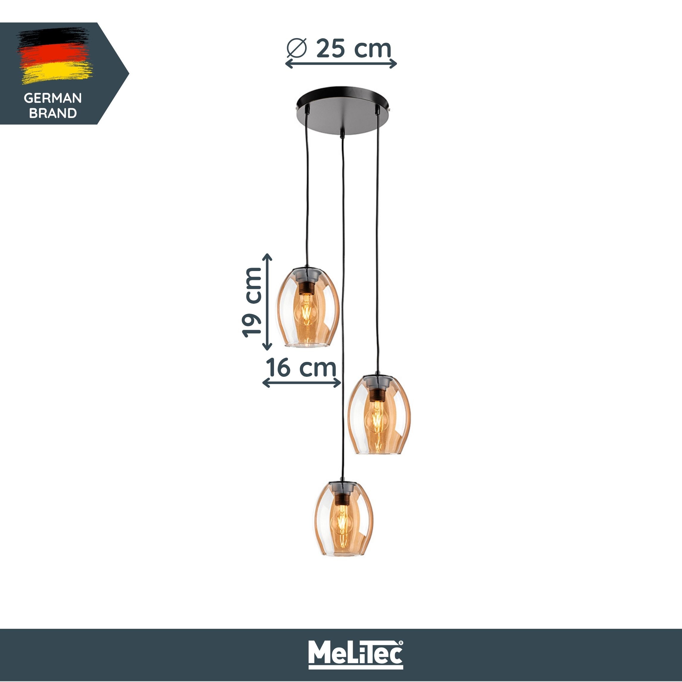 MeLiTec Pendelleuchte DP30, Hängeleuchte elegantes Amberglas, moderne Pendellampe 3-flammig, Hängelampe rund, Deckenlampe Wohnzimmer Esszimmer Küche Lampe, Leuchte, Kronleuchter,