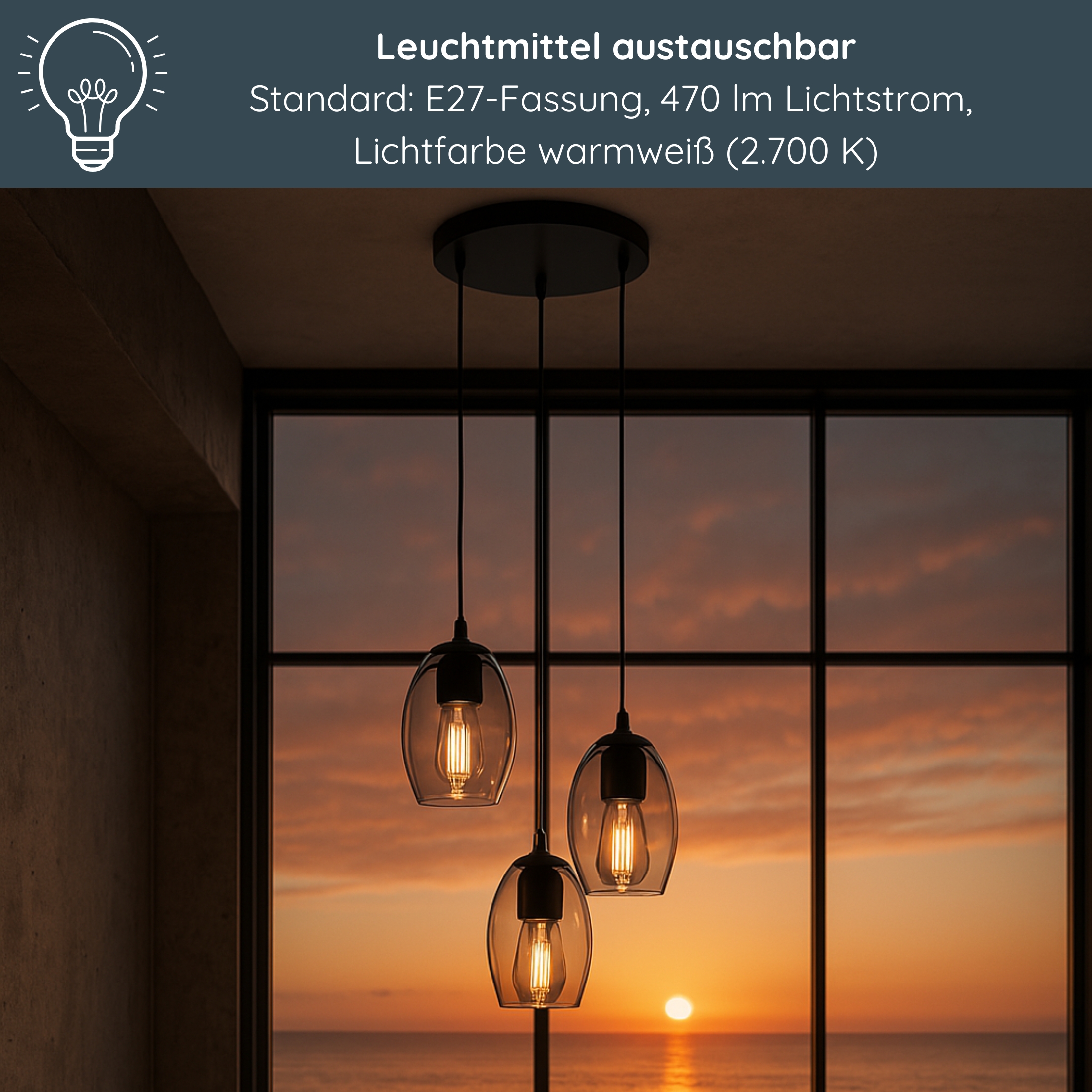 MeLiTec Pendelleuchte DP29, Hängeleuchte elegantes Rauchglas, moderne Pendellampe 3-flammig, Hängelampe rund, Deckenlampe Wohnzimmer Esszimmer Küche Lampe, Kronleuchter, Beleuchtung, Leuchte,