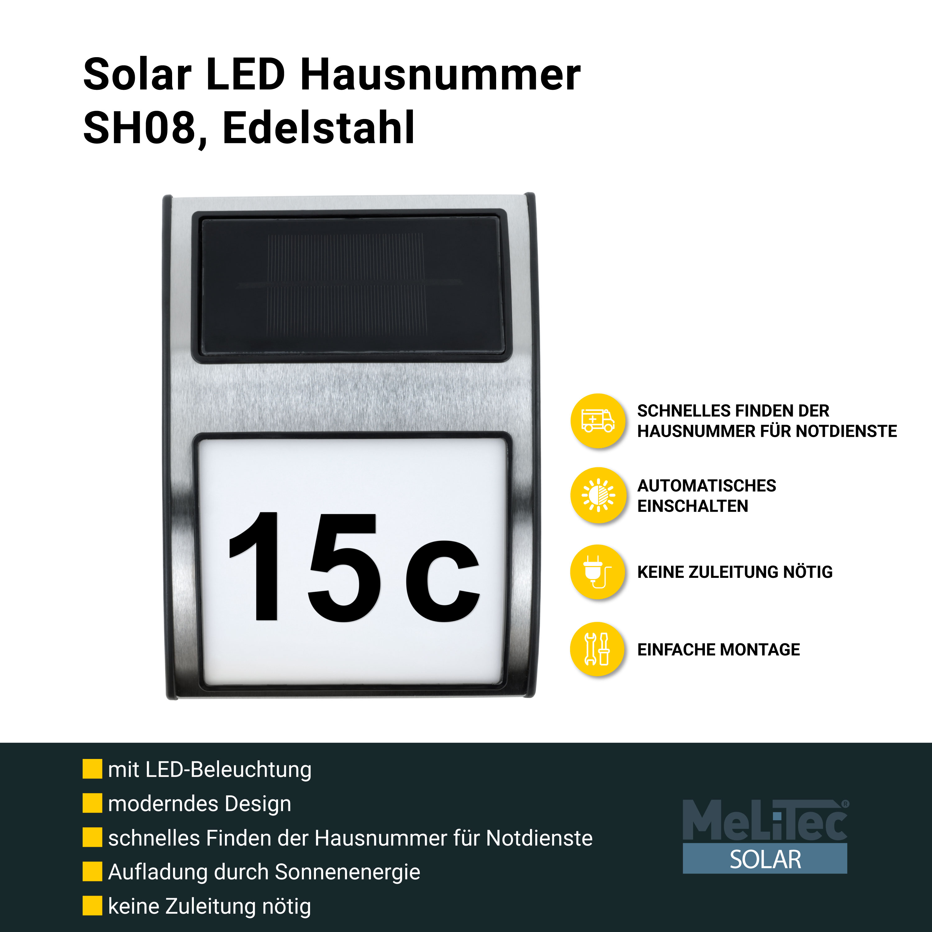 MeLiTec Solar LED Hausnummer SH08, Edelstahl Computerausrüstung, Elektronik, Hardware, Überwachen, Bildschirm,