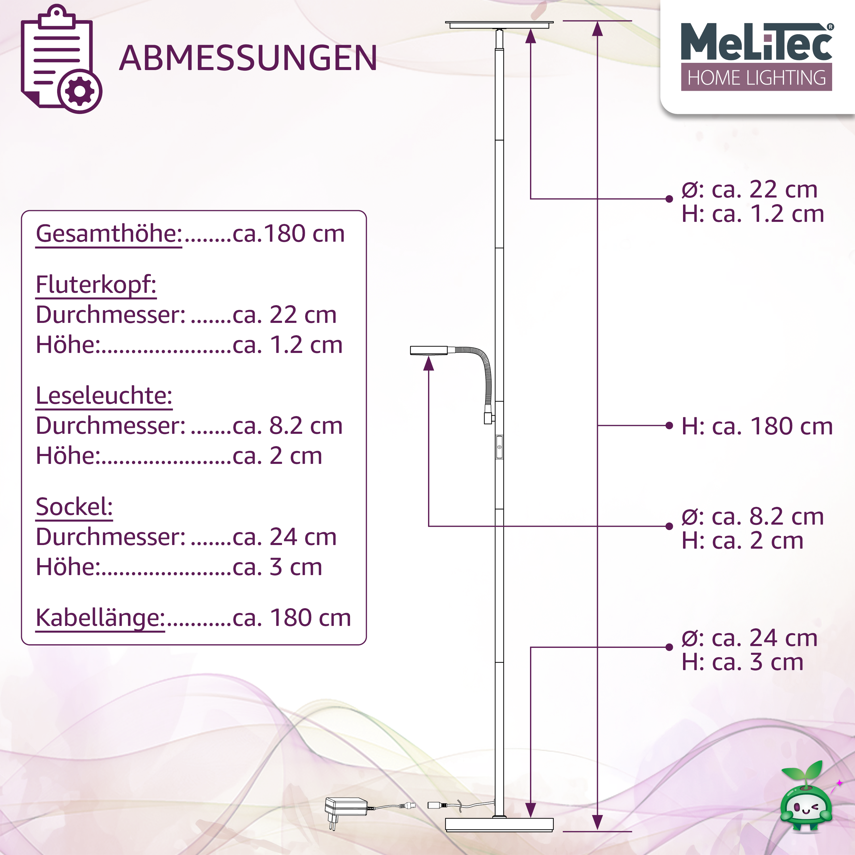 Deckenfluter mit Leseleuchte, schwarz, rund, ST58-1, MeLiTec