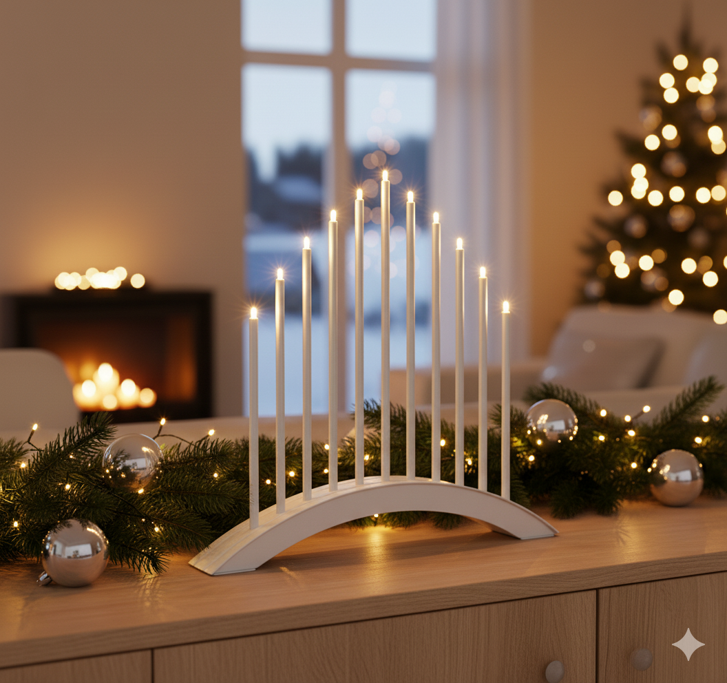 Weihnachtsleuchter, Bogenform, weißer Kerzenhalter, LED-Kerzen, elf Kerzen,