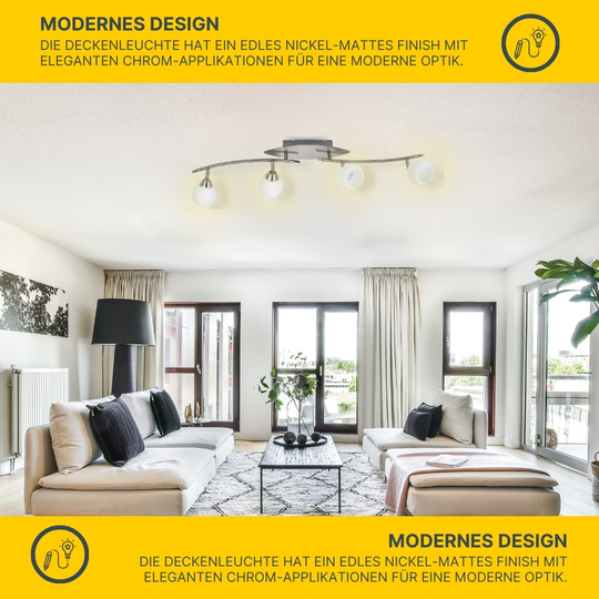 LED Deckenleuchte D123 | 4x LED Spots schwenkbar | nickel-matt | Glas weiß gestreift | warmweiß 3000K | MeLiTec LED Deckenleuchte D123 | 4x LED Spots schwenkbar | nickel-matt | Glas weiß gestreift | warmweiß 3000K | MeLiTec