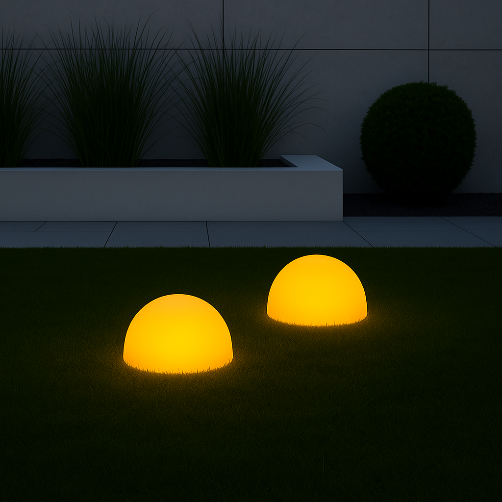 MeLiTec Solarleuchte 2er-Set - farbige Bodenbeleuchtung für Garten, Balkon & Terrasse - Solar-Bodenleuchte mit Farbwechsel bis 8h Leuchtdauer - inkl. Akku - Kunststoff - rund, flach - LK18 Sphäre, Beleuchtung, Pflanze, Pflanze im Topf, Gras,