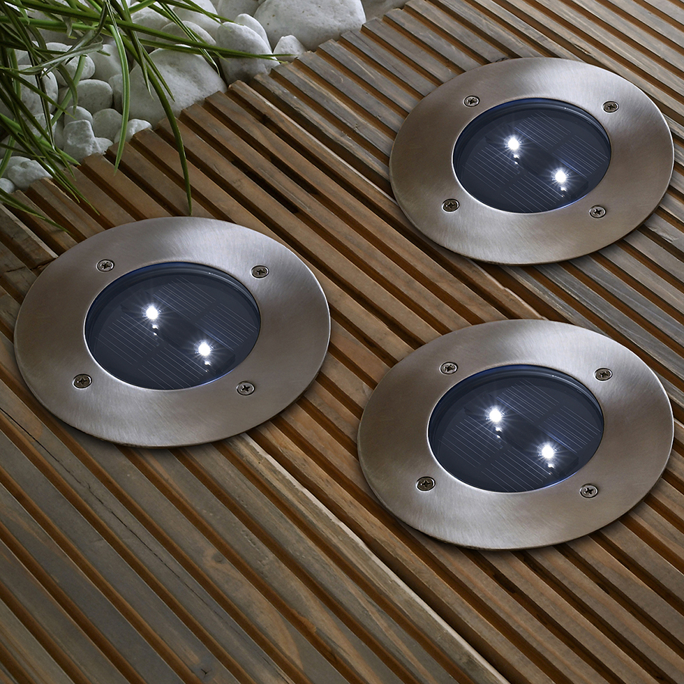 MeLiTec 3er-Set Solar-Bodeneinbauleuchte SEL03, rund, überrollbar bis 1250 kg, für Parkplätze geeignet, Leuchtdauer bis 8 Stunden, Dämmerungssensor, silber, IP67 Elektronik, Sprecher, Beleuchtung,