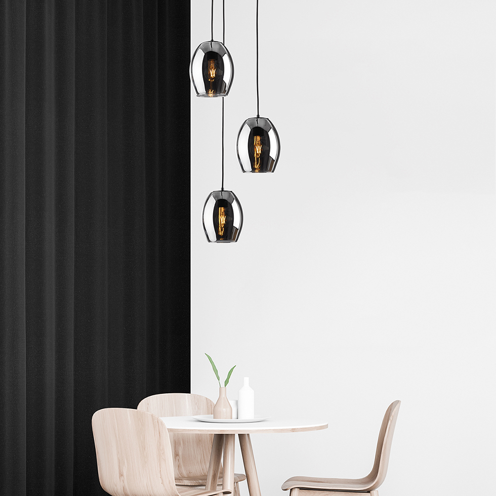 MeLiTec Pendelleuchte DP29, Hängeleuchte elegantes Rauchglas, moderne Pendellampe 3-flammig, Hängelampe rund, Deckenlampe Wohnzimmer Esszimmer Küche Speisesaal, Esstisch, Tisch, Innenarchitektur, Stuhl,