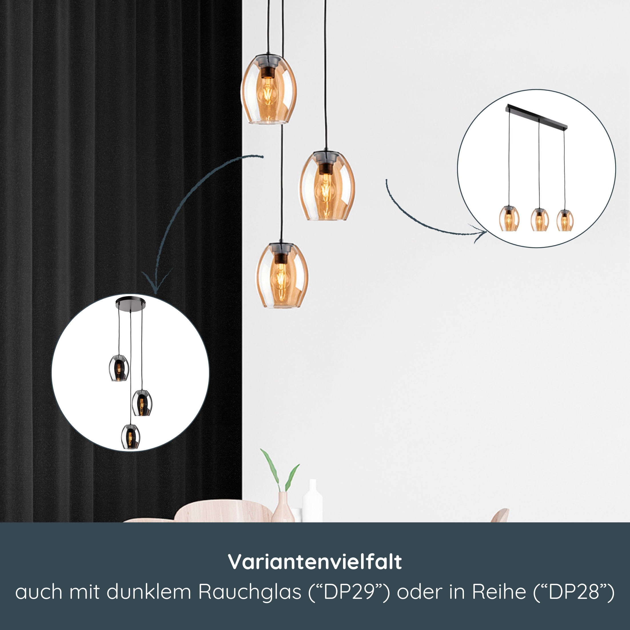 MeLiTec Pendelleuchte DP30, Hängeleuchte elegantes Amberglas, moderne Pendellampe 3-flammig, Hängelampe rund, Deckenlampe Wohnzimmer Esszimmer Küche Leuchter, Lampe, Leuchte,