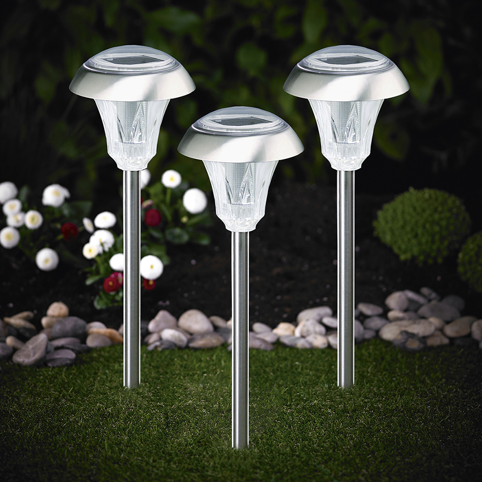 MeLiTec 3er Set Solar Gartenleuchten SO03-1, Diamant, Edelstahl matt gebürstet Lampe, Laternenpfahl,