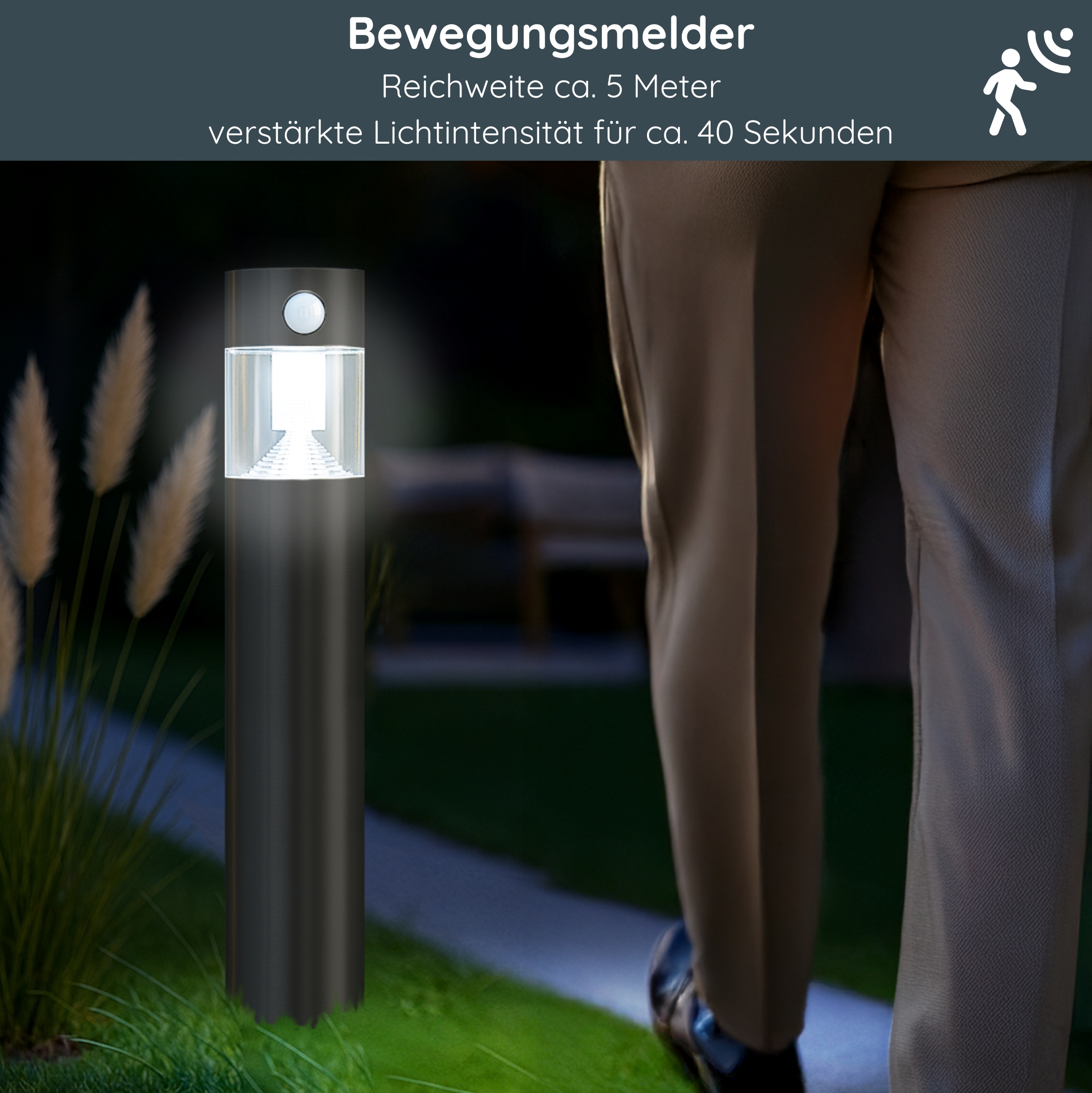 MeLiTec Solar Gartenleuchte SO31-1 rund mit Bewegungsmelder, Edelstahl anthrazit Gras, Rasen, Gehen, Springbrunnen, Hosen, Gras, Pflanze, Beleuchtung,