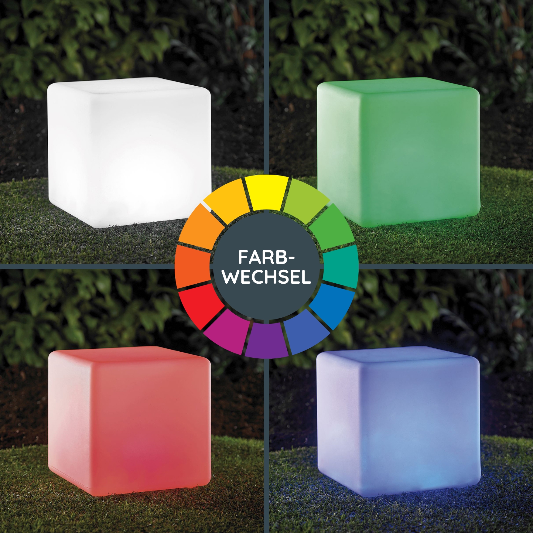 MeLiTec LED-Gartenleuchte LK04-STROM Modell Würfel, Outdoor-Lampe für Terrasse Garten Balkon, eckig, moderne Gartenlampe mit RGB-Beleuchtung und Farbwechsel, auch als beleuchteter Tisch Krug, Lampe,