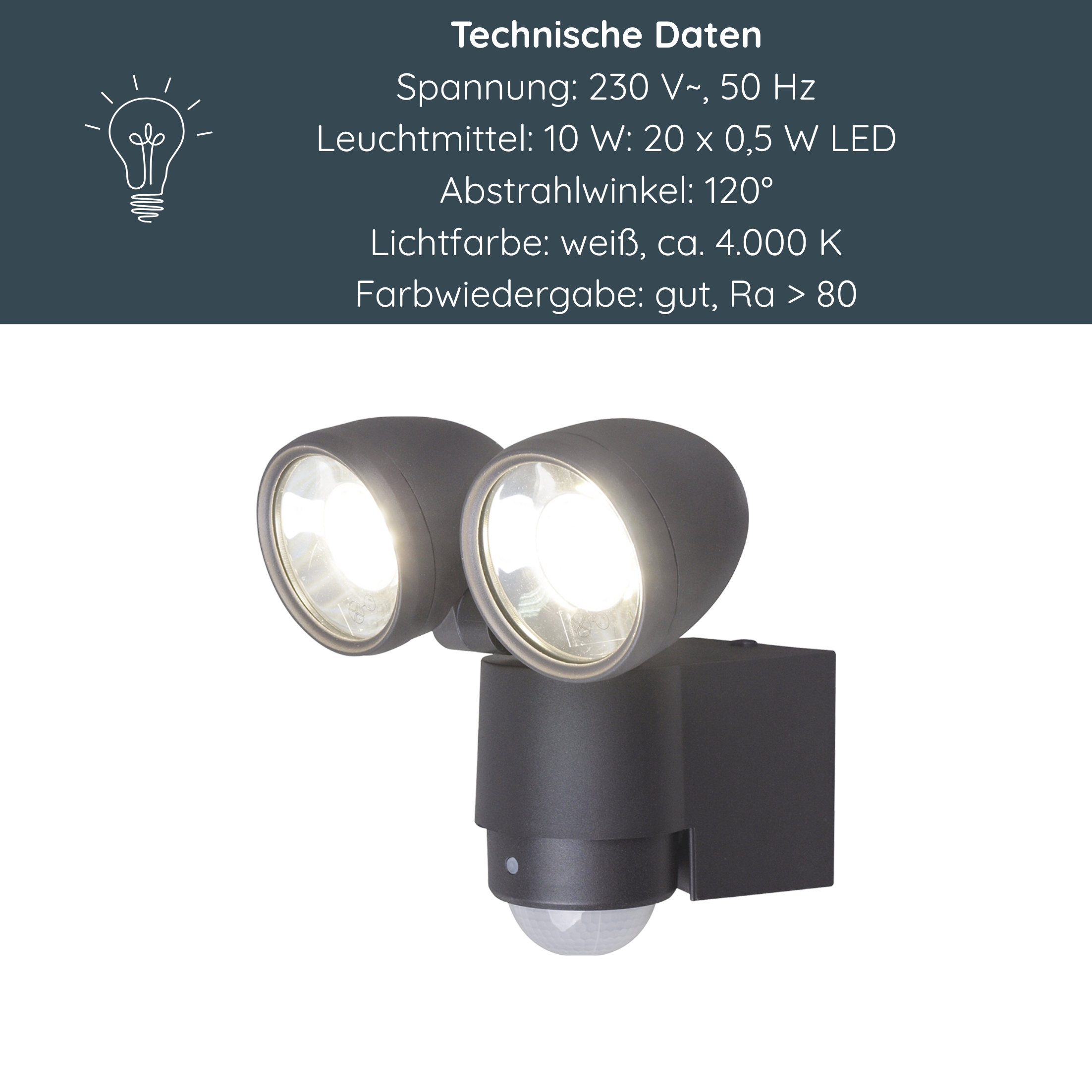 MeLiTec LED Außenwandstrahler mit Bewegungsmelder, Anthrazit, 2 LED Spots, 4000K neutralweiß, IP44, Außenwandlampe, Wandleuchte, Garten, Terrasse & Einfahrt, 127-2 Beleuchtung, Lampe, Licht,