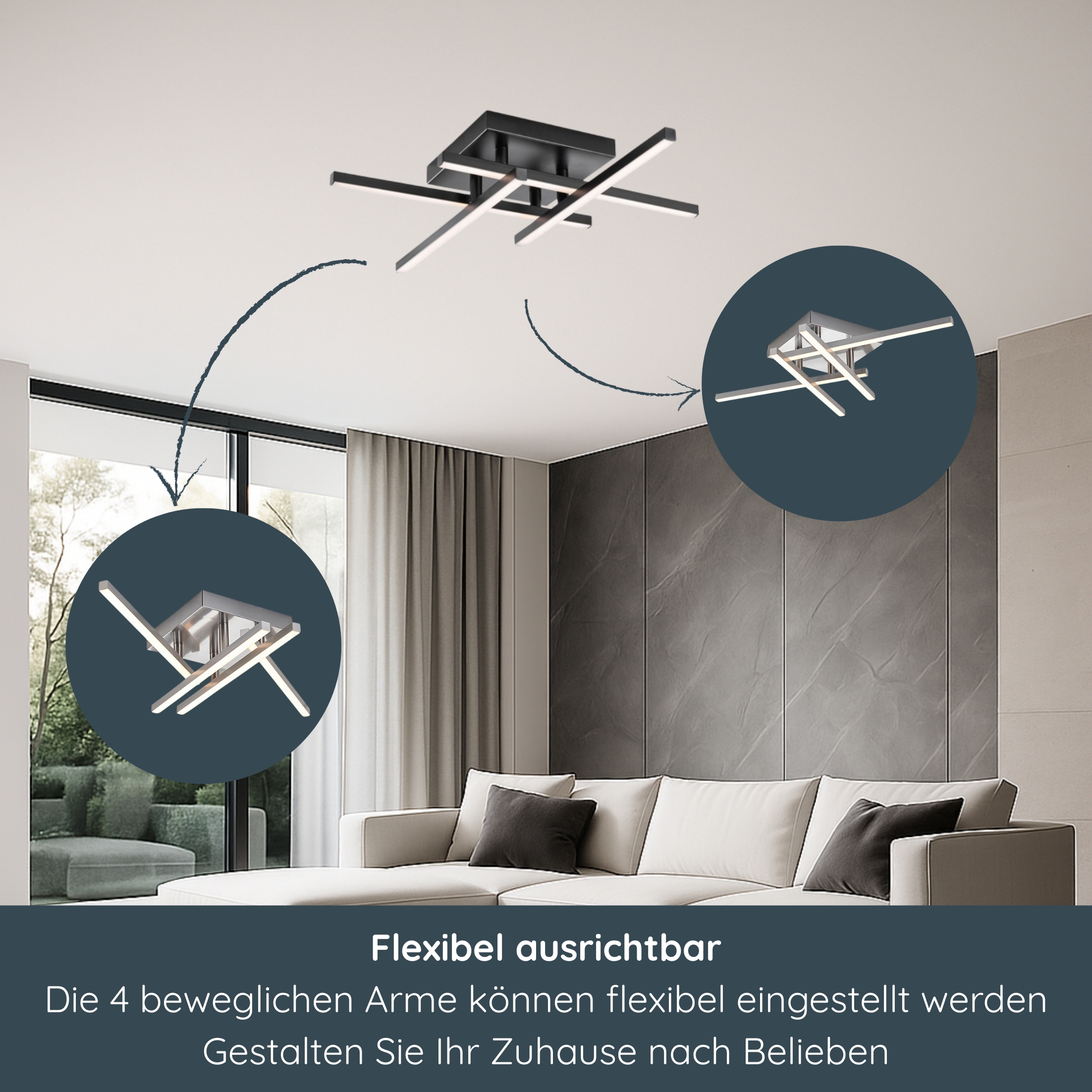 MeLiTec LED Deckenleuchte D121-1, linienförmige Arme, schwenkbar, moderne Deckenlampe, schwarze Rahmenleuchte Moebel, Drinnen, Wohnzimmer, Zimmer, Innenarchitektur,