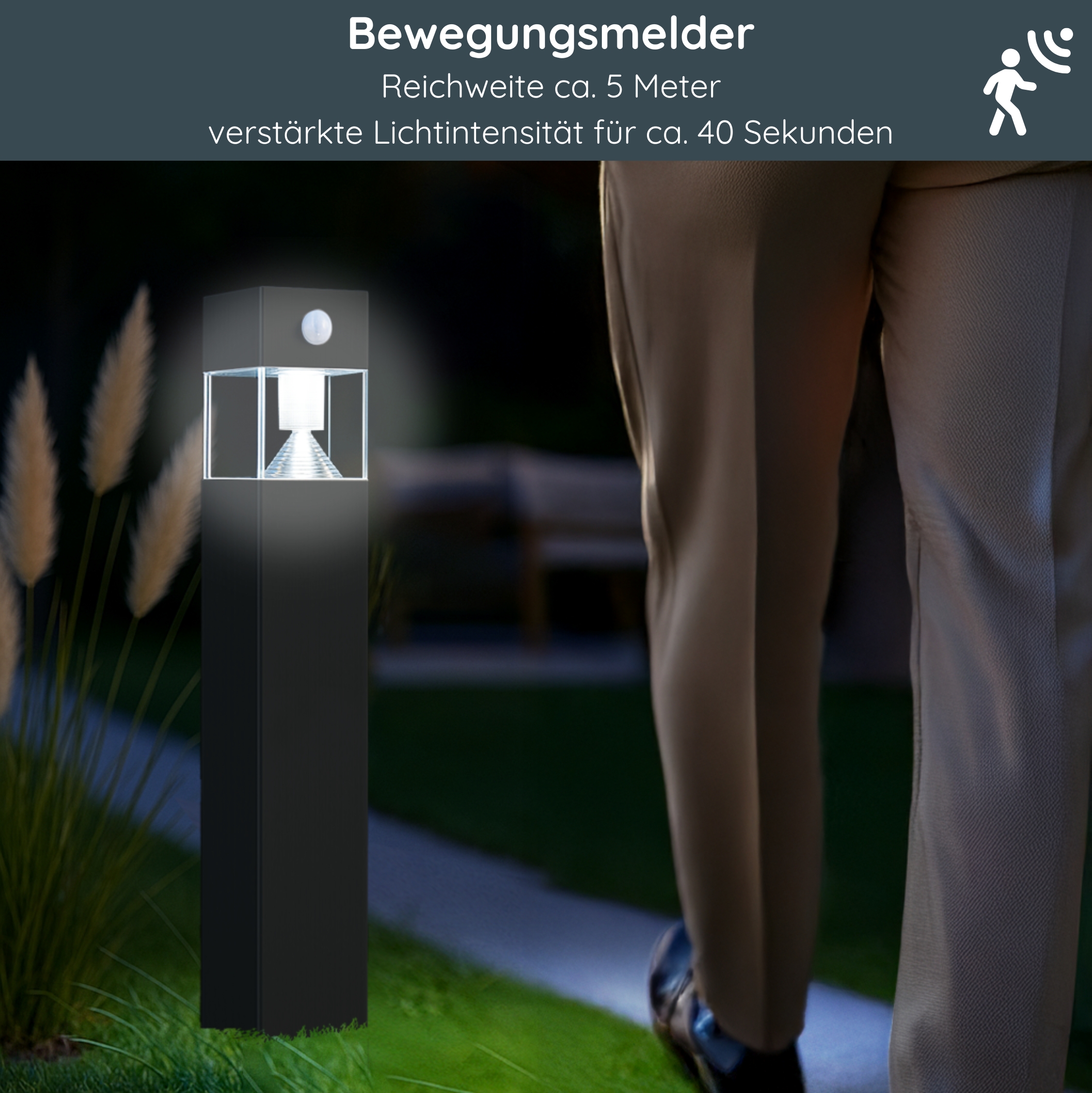 MeLiTec Solar Gartenleuchte SO32-1 eckig mit Bewegungsmelder, Edelstahl anthrazit Gras, Person, Gehen, Rasen, Schuh, Gras, Pflanze, Kleidung, Hosen, Gras, Pflanze, Person, Gehen, Hosen, Gras, Beleuchtung, Erwachsener, Mann, Person, Gras, Beleuchtung, Erwachsener, Mann, Person,