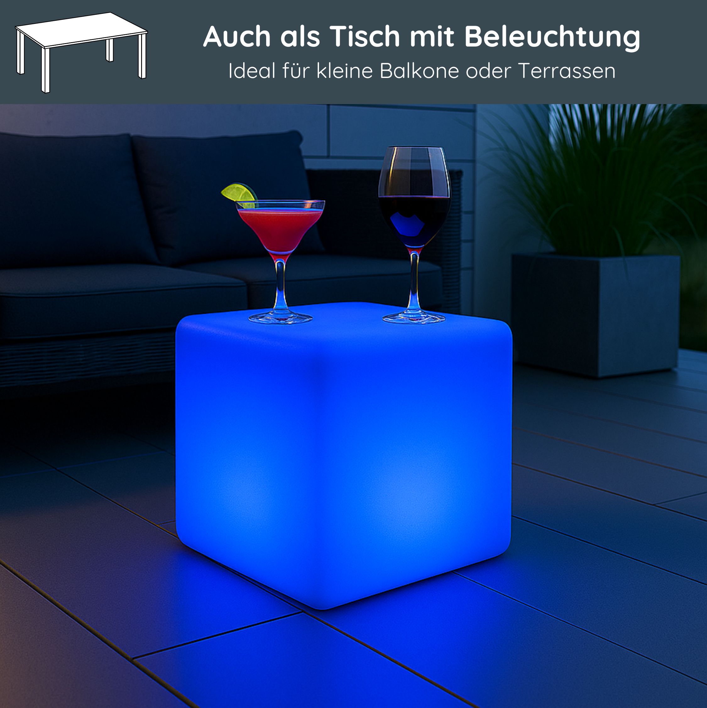 MeLiTec LED-Gartenleuchte LK04-STROM Modell Würfel, Outdoor-Lampe für Terrasse Garten Balkon, eckig, moderne Gartenlampe mit RGB-Beleuchtung und Farbwechsel, auch als beleuchteter Tisch Glas, Mobiliar, Pflanze, Couch, Glas, Mobiliar, Pflanze, Couch, Hinterhof, Hof, Gras, Rasen, Garten,