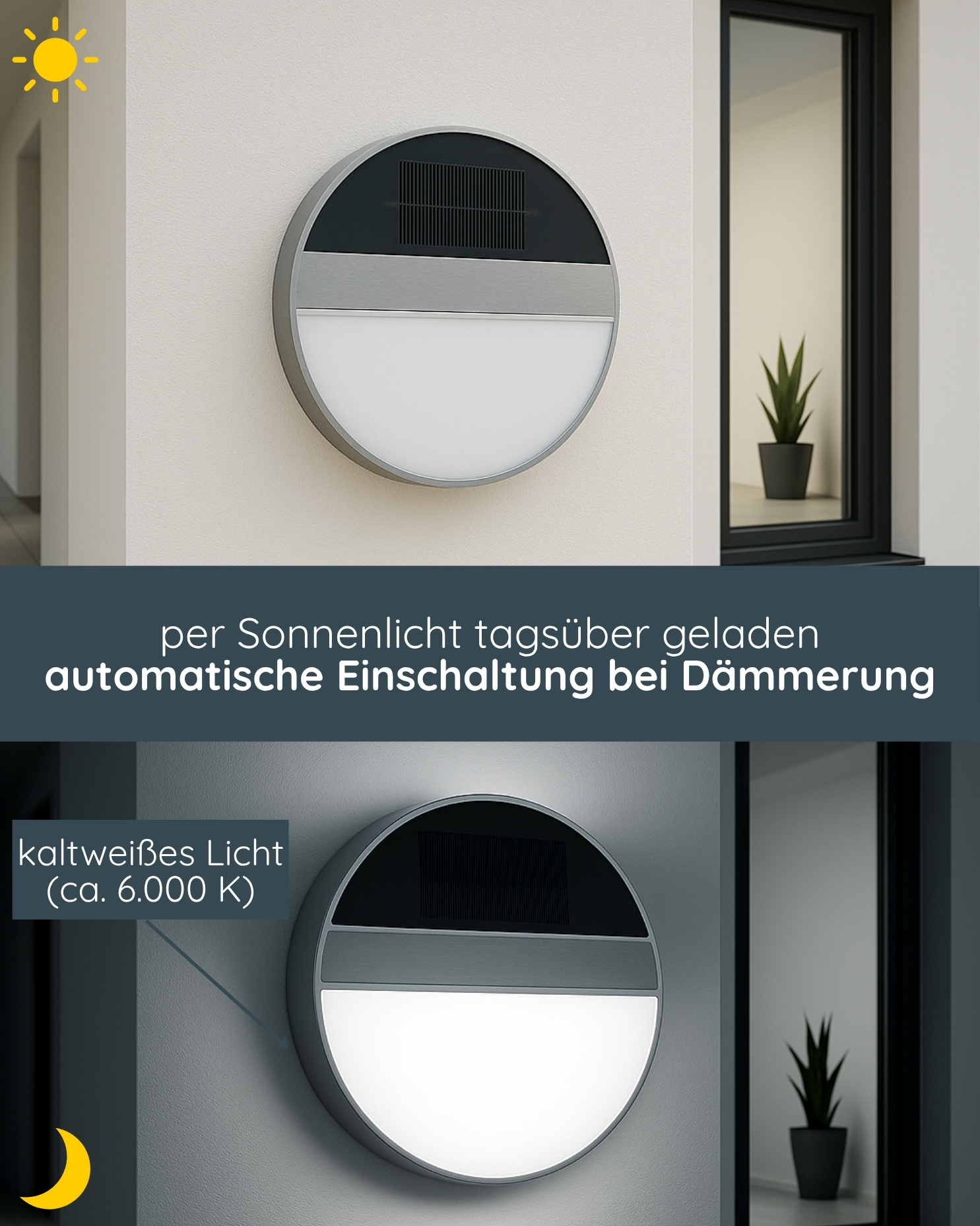 MeLiTec LED-Solar-Wandleuchte SWL06, aus Edelstahl, Wandlampe solarbetrieben, Außenwandleuchte rund Spiegel, Pflanze, Pflanze im Topf,