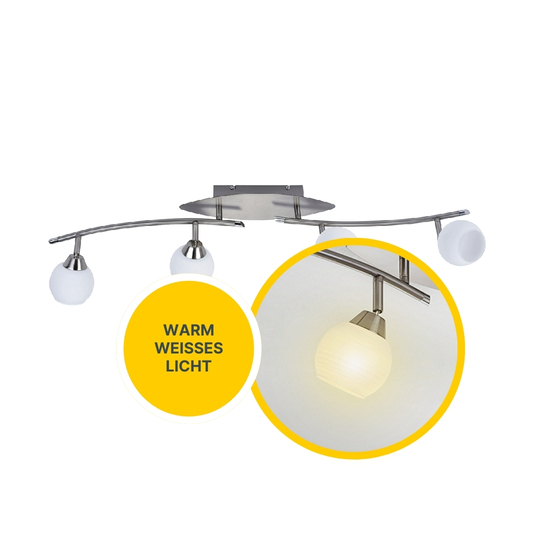 LED Deckenleuchte D123 | 4x LED Spots schwenkbar | nickel-matt | Glas weiß gestreift | warmweiß 3000K | MeLiTec LED Deckenleuchte D123 | 4x LED Spots schwenkbar | nickel-matt | Glas weiß gestreift | warmweiß 3000K | MeLiTec