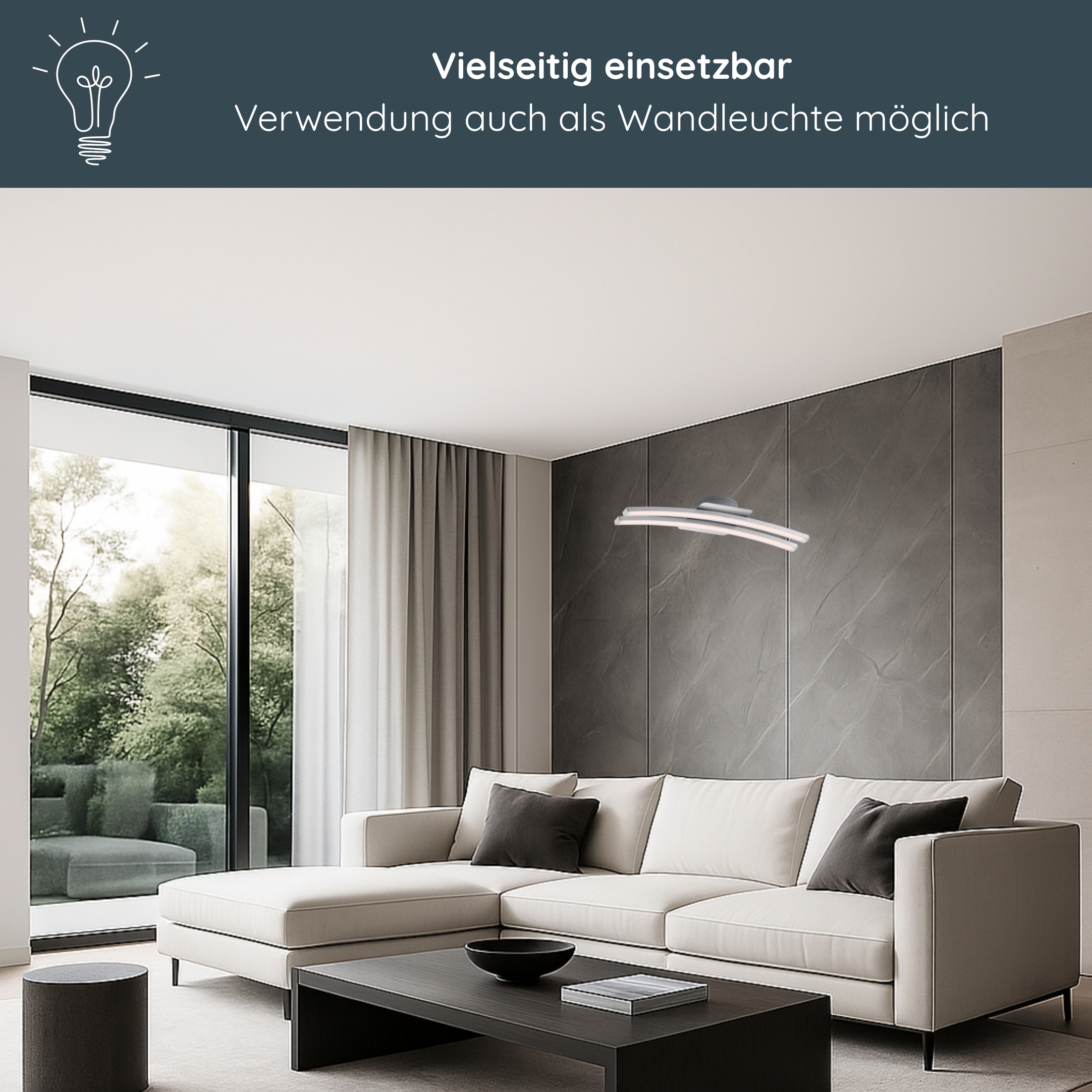 MeLiTec Deckenleuchte modern, auch als Wandleuchte, Deckenlampe aus Metall, Nickel matt, Leuchtstäbe D135 Wohnzimmer, Innenarchitektur, Couch, Kaffeetisch, Tabelle,