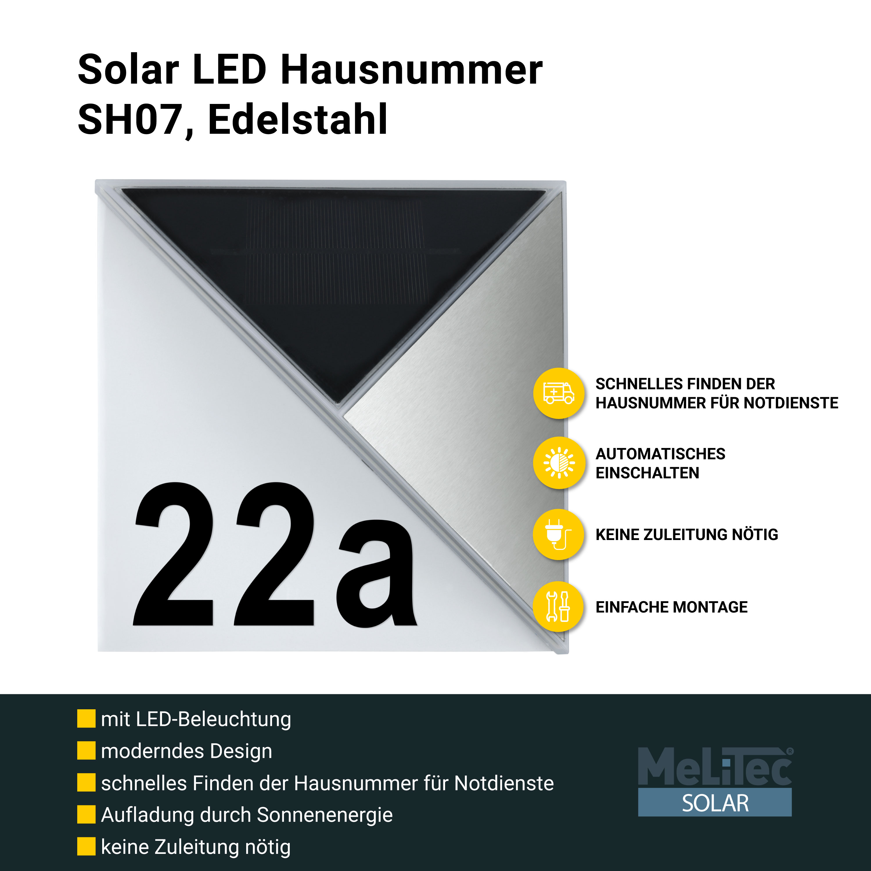 MeLiTec Solar LED Hausnummer SH07, Edelstahl Werbung, Plakat, Postfach,