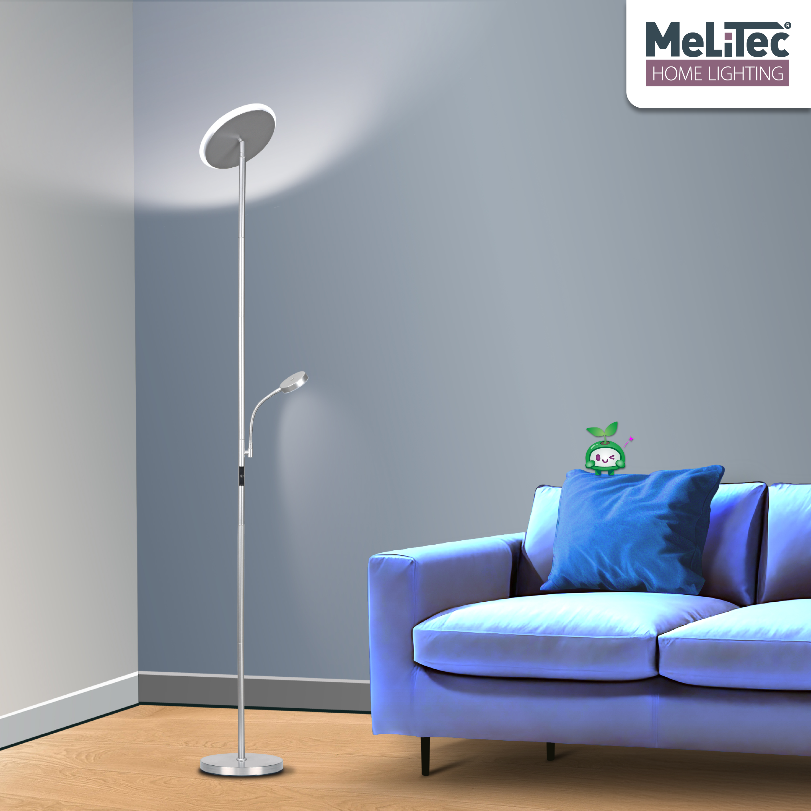 Deckenfluter mit Leseleuchte, Titan, Rund, ST58, MeLiTec Lampe, Couch, Mobiliar, Stehlampe,