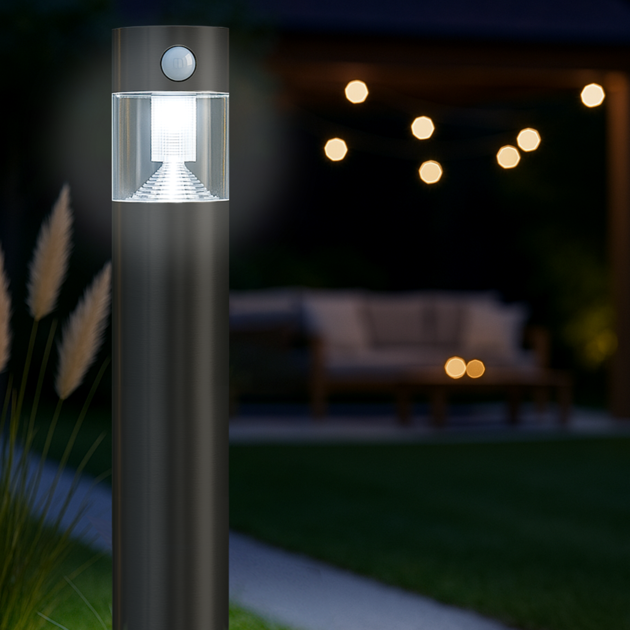 MeLiTec Solar Gartenleuchte SO31-1 rund mit Bewegungsmelder, Edelstahl anthrazit Beleuchtung, Gras, Pflanze, Couch, Mobiliar,