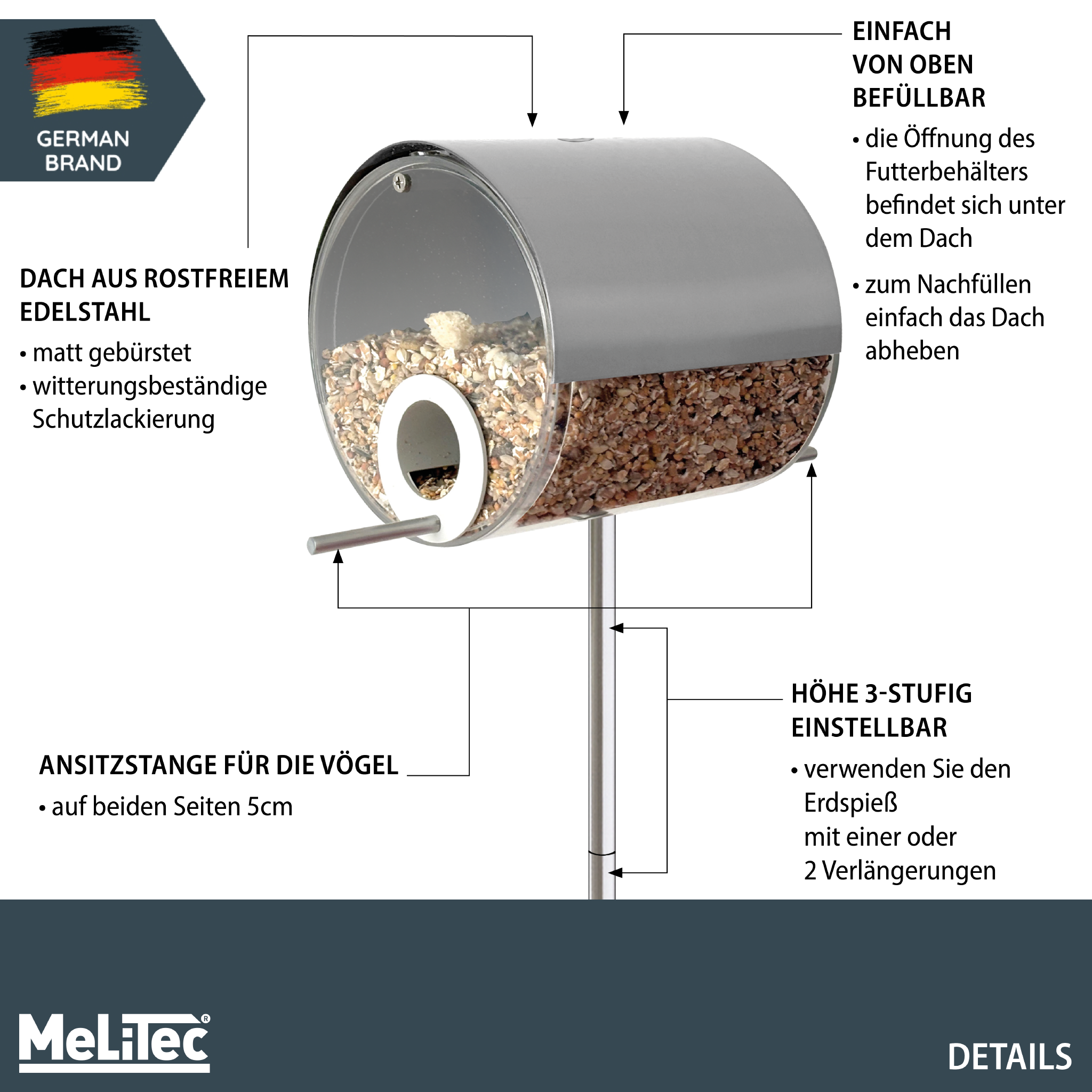 MeLiTec Vogelfutterstation mit Ständer, Vogelhaus VH10, Futterstation Edelstahl matt gebürstet, stehend, 150 cm Höhe, rund Ø14 cm, silber-matt MeLiTec Vogelfutterstation mit Ständer, Vogelhaus VH10, Futterstation Edelstahl matt gebürstet, stehend, 150 cm Höhe, rund Ø14 cm, silber-matt