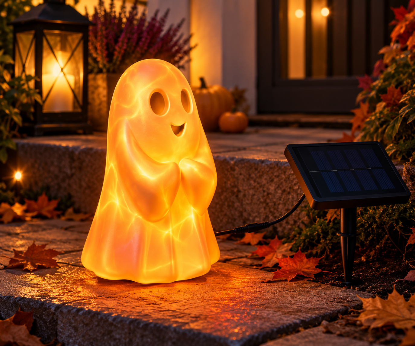 MeLiTec LED Geist Aurora – Halloween Dekoleuchte mit bewegtem RGBW-Lichteffekt, Solar & Fernbedienung