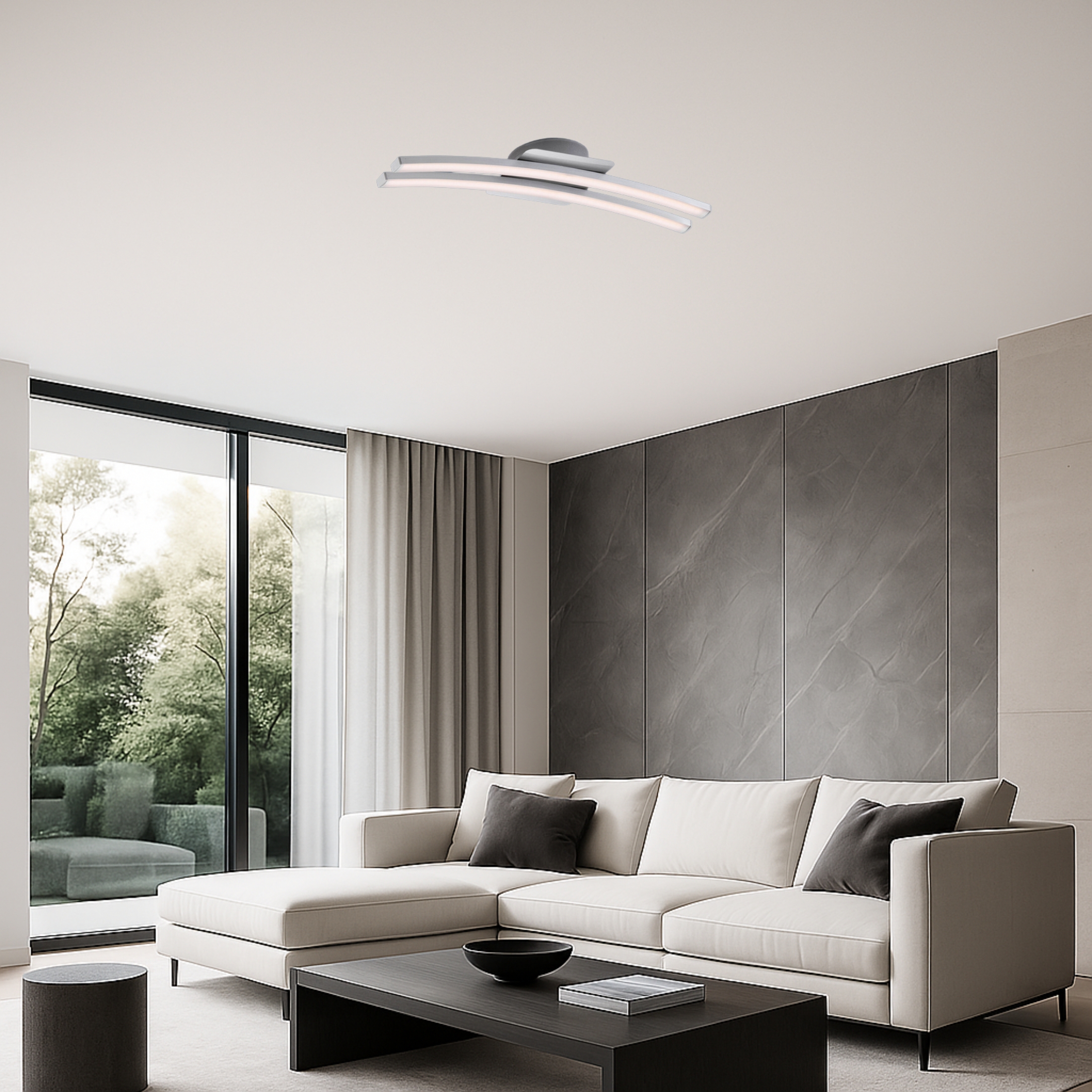 MeLiTec Deckenleuchte modern, auch als Wandleuchte, Deckenlampe aus Metall, Nickel matt, Leuchtstäbe D135 Wohnzimmer, Innenarchitektur, Couch, Kaffeetisch, Tabelle,