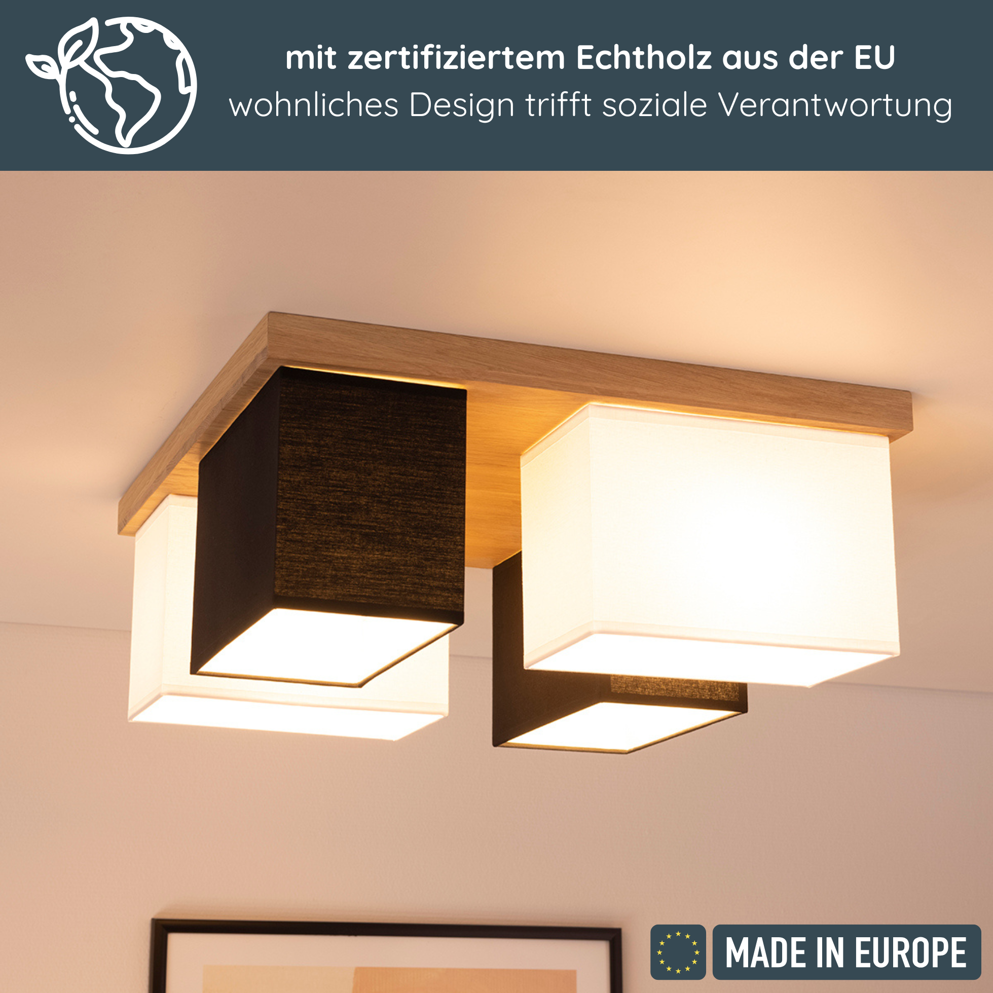 MeLiTec Deckenleuchte Paloma D129, moderne Deckenlampe, Echtholz aus der EU, Eiche, creme/weiß und schwarz Deckenleuchte, Leuchte,